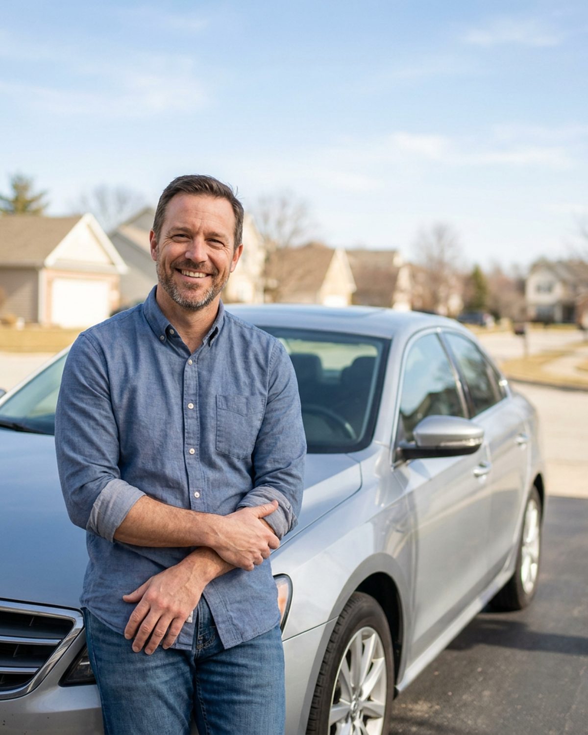 A driver standing beside his car in a suburban driveway