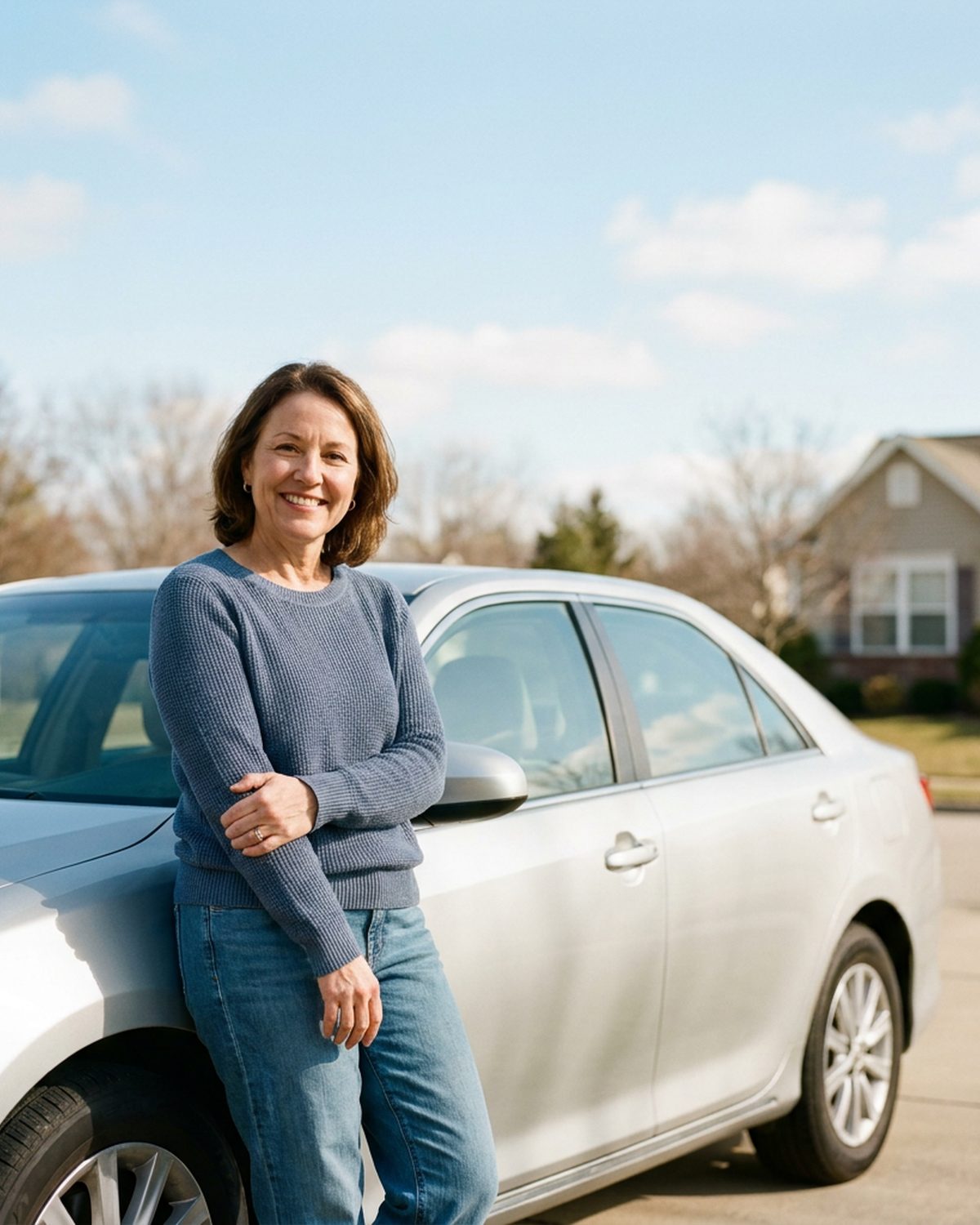 A driver standing beside her car in a suburban driveway